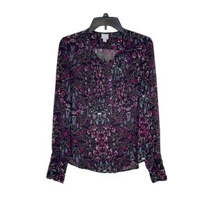 Converse Women's Blouse Floral Pleat Bib Cuff Button Up Sheer Top Black‎ Medium